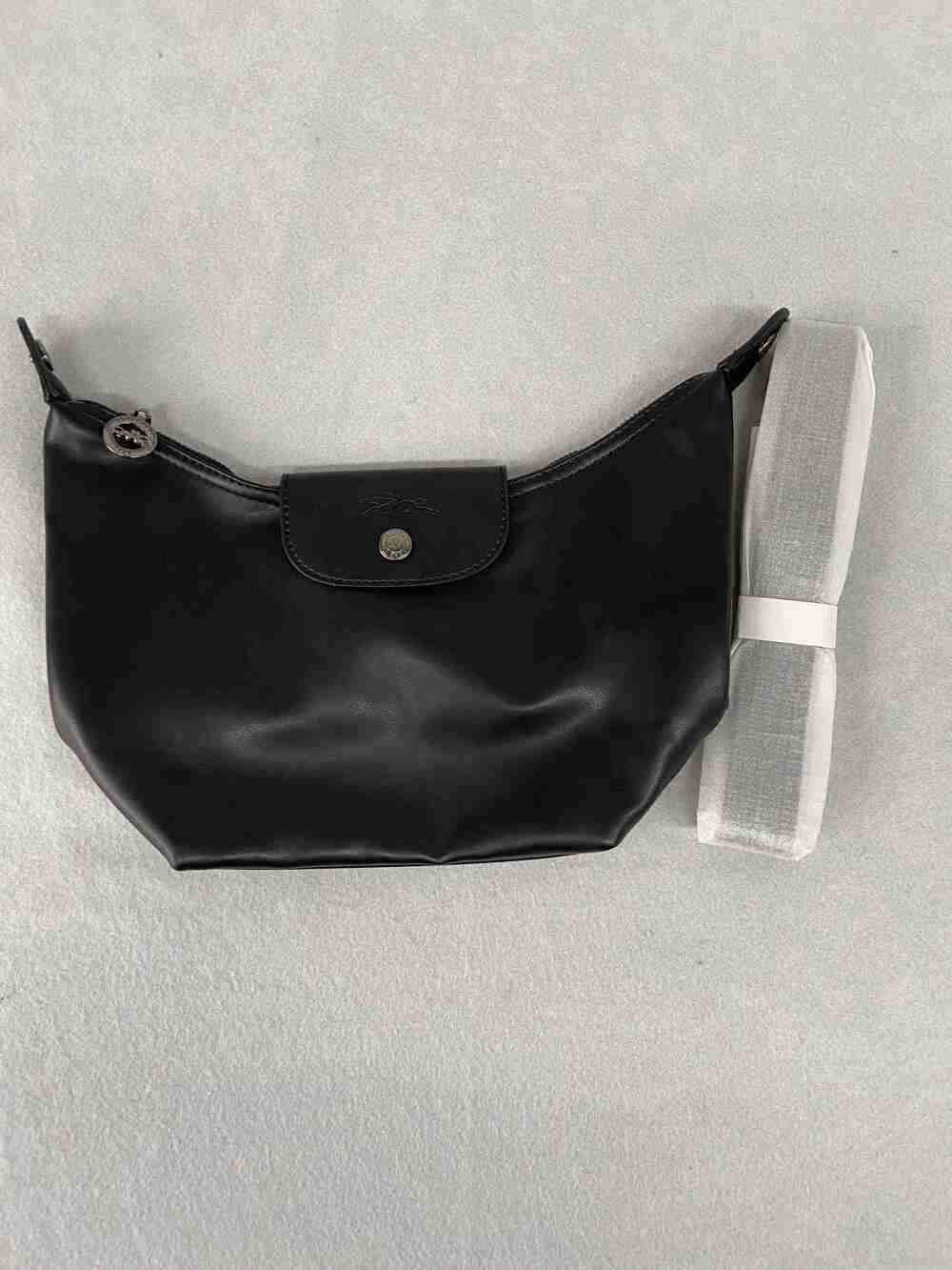 Longchamp Le Pliage Black Leather Hobo Crossbody Bag
